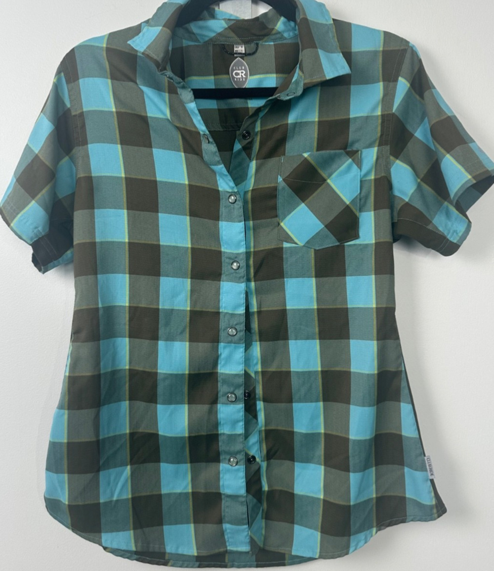 Club Ride New West Shirt Mens M Blue Plaid Stretch Pearl Snap Cowboy Western A21